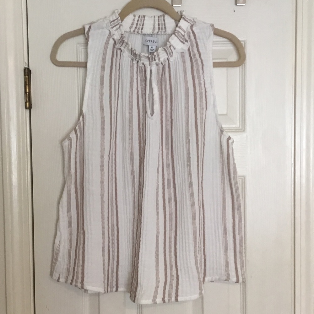 Evereve White Sleeveless Striped Ruffle Neck 100% Cotton Tank Top